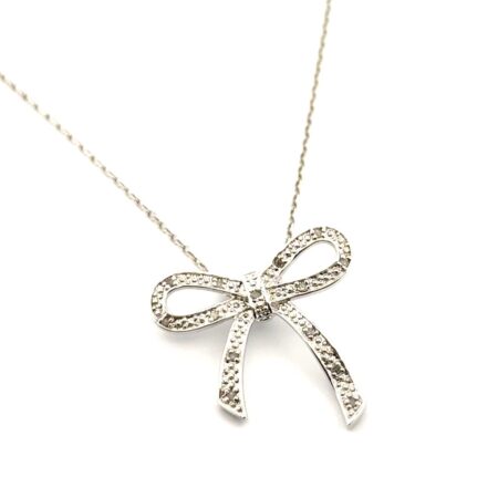 18” 925 Sterling Silver Ribbon Bow Diamond Pendant Necklace 3.1g