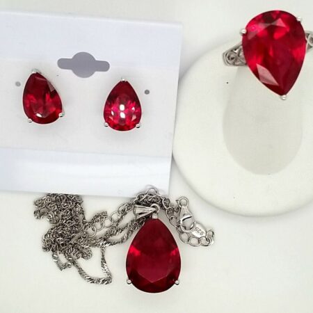 BBJ 925 Silver Created Pear Shaped Ruby Ring, Necklace, Pendant & Earring Set