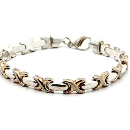 7” Italy 925 Sterling Silver Two-Tone X’s & O’s Chain Link Bracelet, 9.3g