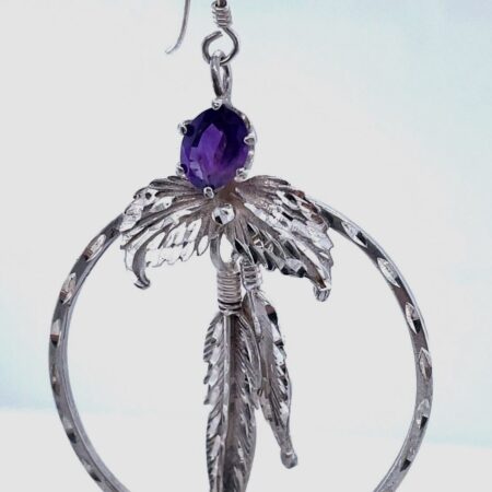 Sterling Silver Amethyst Hoop And Feather Dangle Earrings 13.0 grams
