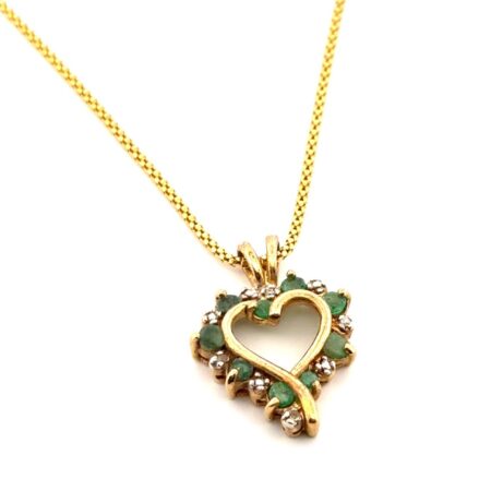 18” Gold Vermeil 925 Sterling Silver Emerald & Diamond Heart Pendant Necklace