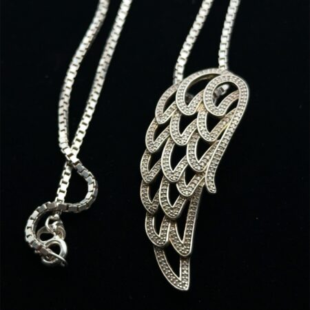 18” Sterling Silver White Topaz Angel Wing Pendant On Sterling Box Chain, 13.8g