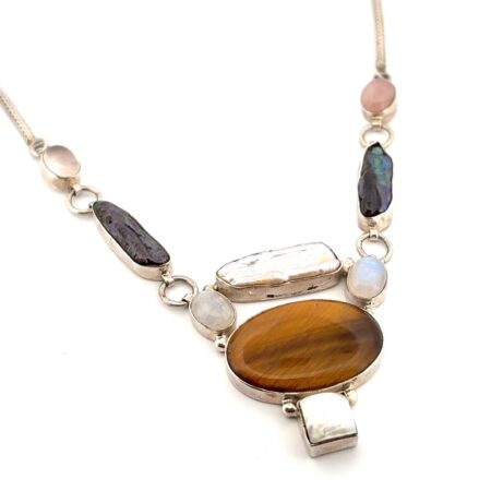 16” Multi-Stone Bezel-Set 925 Sterling Silver Hook Clasp Necklace 28.9g