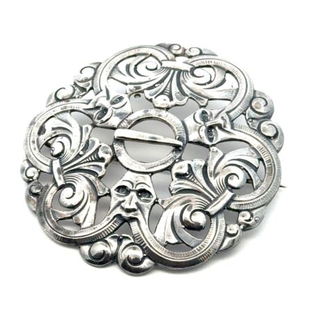 Norwegian “Green Man” or Mask Motif 925 Sterling Silver Brooch/Pin, 21.5g
