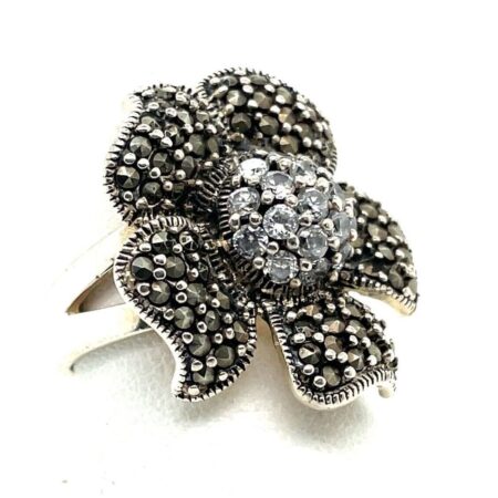 Cubic Zirconia and Marcasite Sterling Silver Flower Ring - Size 6.5