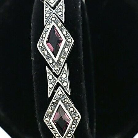 925 Sterling Silver Diamond Shaped Purple Stone And Marcasite 7.75" Bracelet