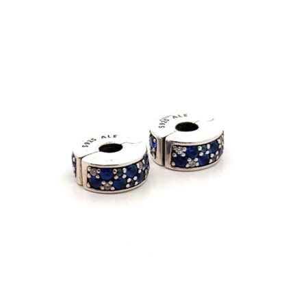 Two Pandora “ALE” Sterling Silver Blue Pavé Spacer Clip On Charms, 4.6 Grams