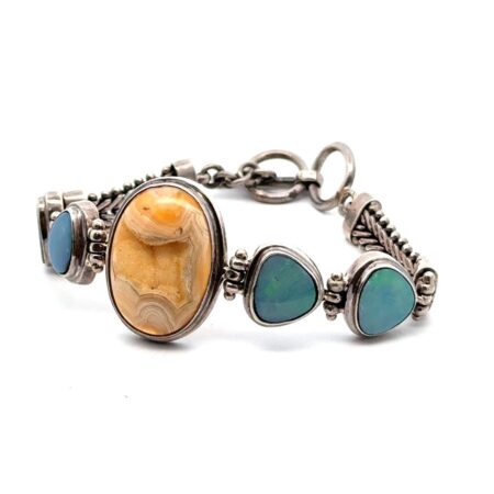 7.75” Sterling Silver Fire Opal Doublets, Banded Agate Center Stone Bracelet 32g