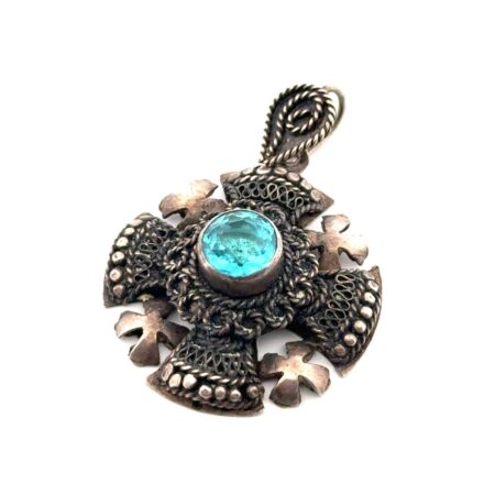 Vintage 900 Silver Jerusalem Cross Pendant w/ Blue Paste Stone 6.7g