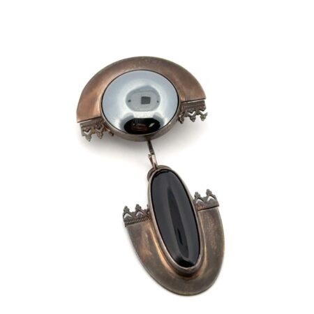 Vintage Hematite & Black Onyx 925 Sterling Silver Dangle Brooch/Pin 8.7g