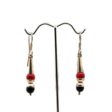 Vtg. Southwestern Sterling Silver, Red Coral, & Black Onyx Dangle Earrings 4.1g