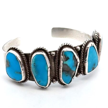 Vintage Native American 6” 925 Sterling Silver Turquoise 5 Row Cuff Bracelet 39g