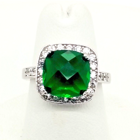 925 Sterling Silver Cushion Cut Emerald Green Gemstone CZ Halo Ring Size 6, 4.7g