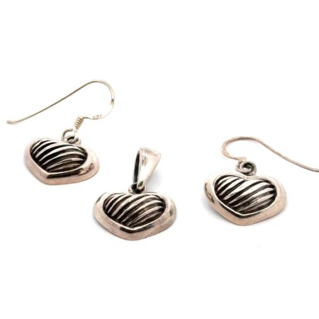 .925 Sterling Silver Puffy Heart Drop Earrings + Pendant Combo, 7.4g