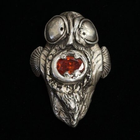 Vtg. Mid Century Modernist Sterling Silver Fish Pendant Spessarite Garnet, 14.4g