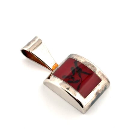 925 Sterling Silver Asian Calligraphy Red Laquer Pendant 13.5g