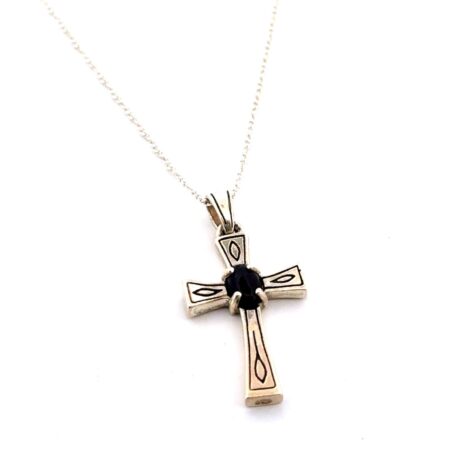 18” Thailand 925 Sterling Silver Onyx Cross Pendant Necklace 2.9g