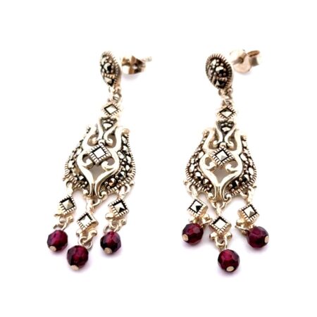 Thailand 925 Sterling Silver Marcasite & Garnet Bead Dangle Earrings 8.5g