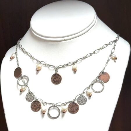 20” Silpada Retired Sterling Silver Two-Tiered Copper Coin & Pearl Necklace, 19g