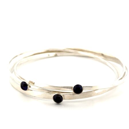 7.5” Triple Interlocked 925 Sterling Silver Bangle Bracelets w/ Blue Glass 20.1g