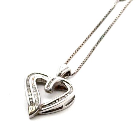 18” Diamond Heart Sterling Silver Pendant Necklace, Box Chain, 5.4g