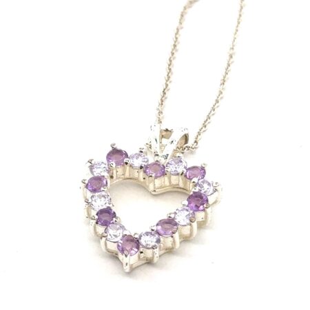 20” Mantraband Amethyst & CZ 925 Sterling Silver Heart Pendant Necklace, 5.7g