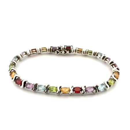 7” Multi-Color Assorted Gemstone 925 Sterling Silver Tennis Bracelet 17.1g
