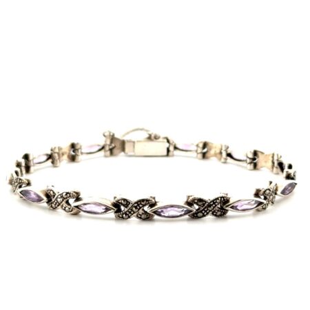 8” Amethyst & Marcasite FAS 925 Sterling Silver Bracelet 15.7g
