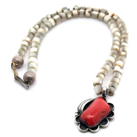 Tom Morgan Navajo 16” Pearl Bead Necklace w/Sterling Silver Red Coral Pendant