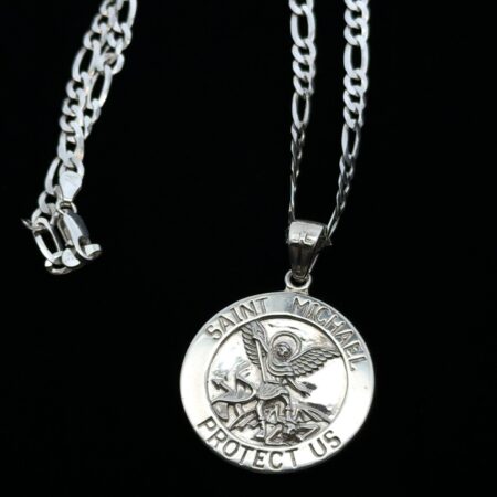Peter Stone Saint Michael Sterling Silver Pendant On 20” Figaro Necklace, 21.5g