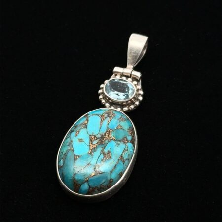 YS India Sterling Silver Oval Blue Copper Turquoise & Blue Topaz Pendant, 8.3g