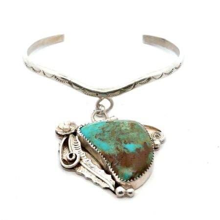 6.5” Sterling Silver Royston Turquoise Pendant Cuff Bracelet Signed FD, 26.1g
