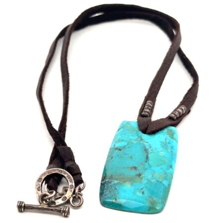 21” Peyote Bird Designs Natural Turquoise Leather + Sterling Pendant Necklace