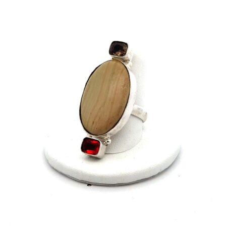 Size-9 Sterling Silver Smoky Quartz Garnet Banded Jasper Ring, 10.6g