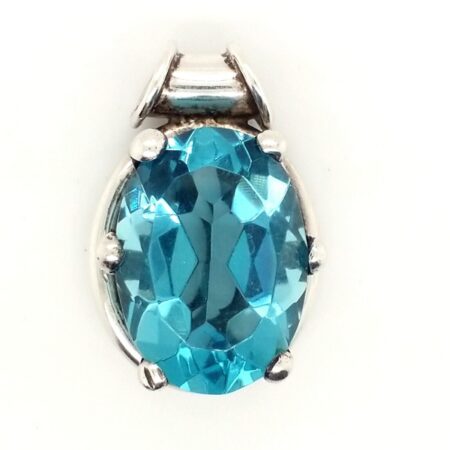 Large Oval Faceted Agua Blue Glass Pendant 925 Sterling Silver 19.7 Grams