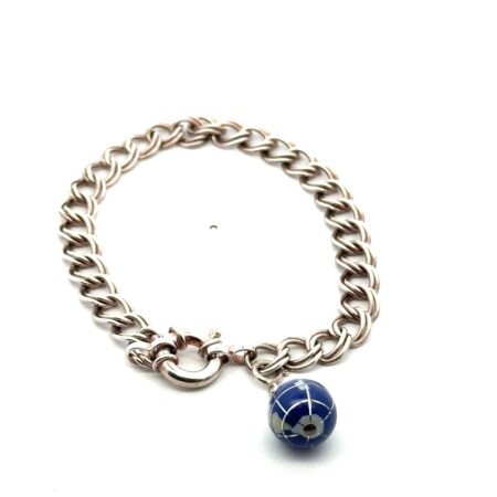 8.25” Sterling Silver Blue Inlay Globe Charm Bracelet, 14.3g
