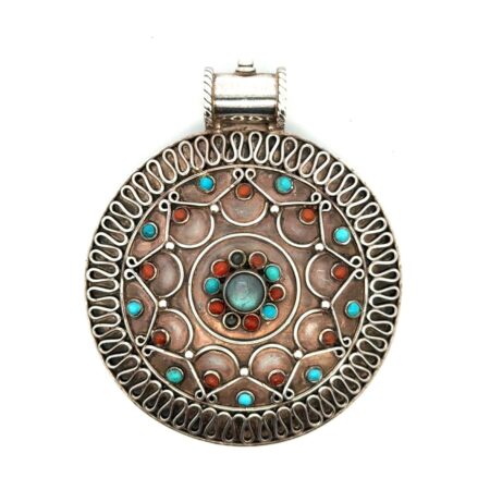 Tibetan Sterling Silver & Copper Laminate Labradorite, Coral, Turquoise Pendant