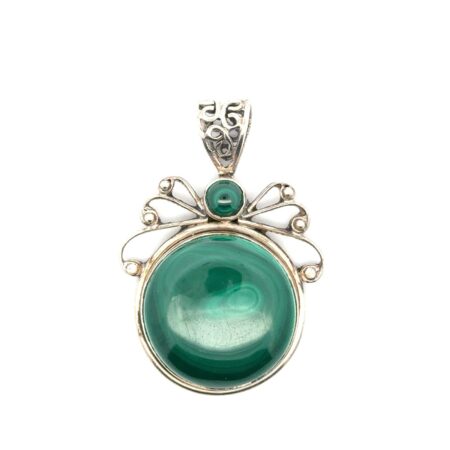 925 Sterling Silver Round Malachite Cabochon Filigree Pendant, 23.9g