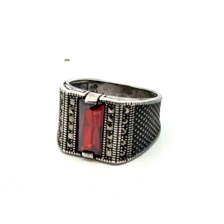 Men’s Size-10 925 Sterling Silver Ruby Red CZ + Marcasite Accent Ring, 8.3g