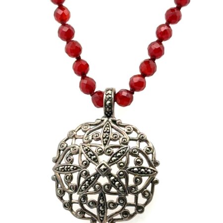 19” Carnelian Bead Necklace w/Sterling Silver Marcasite Enhancer/Pendant