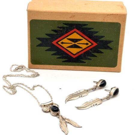 Matching 18” Sterling Silver Onyx Feather Pendant Necklace & Onyx Earrings, 7.4g