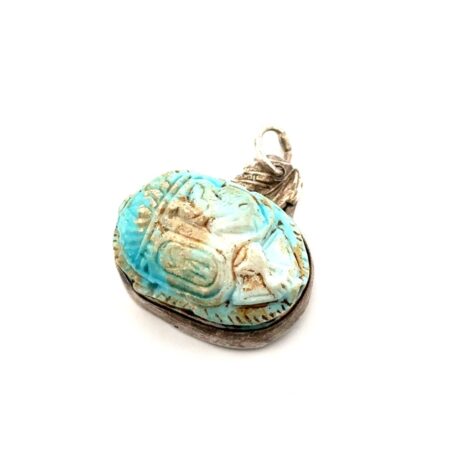Vintage 925 Sterling Silver Egyptian Scarab Faience Pendant 8g