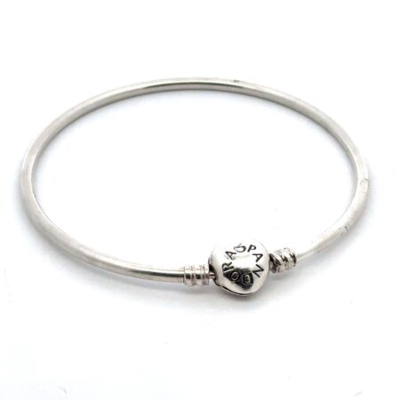 8” Pandora Moments Heart Clasp 925 Sterling Silver Bangle Bracelet, 9.8g
