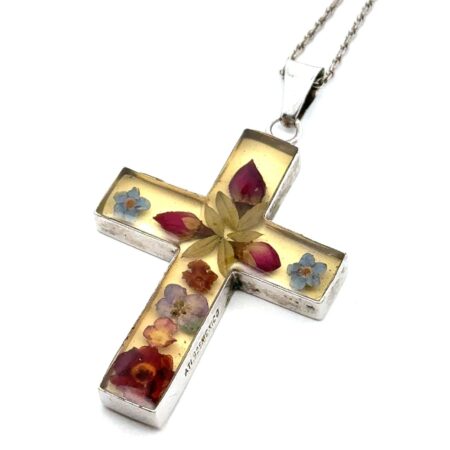 20” ATI Sterling Silver Resin & Pressed Flower Cross Pendant Necklace, 7.0g