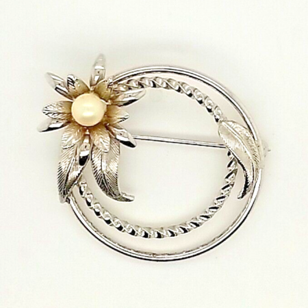Vintage 925 Sterling Silver Freshwater Pearl Round Floral Brooch/Pin, 4.7 Grams