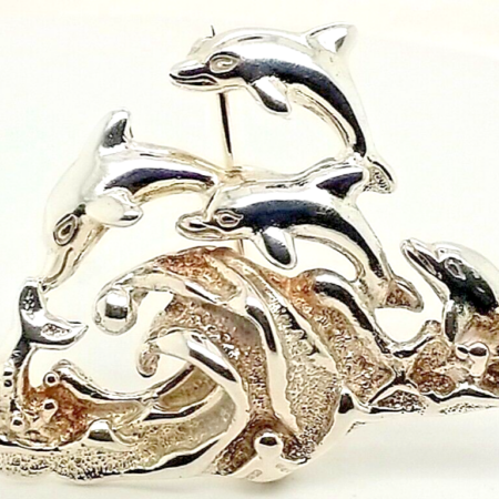 Sterling Silver Taxco Mexico 925 School Of Dolphins Brooch/Pin, 14.4 Grams