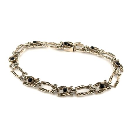 Vintage 7.5” Black Onyx & Marcasite Link 925 Sterling Silver Bracelet 13.8g
