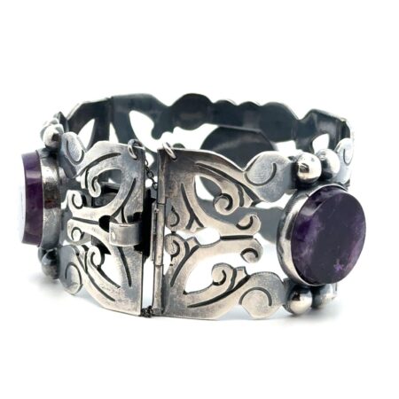 7” Vtg. Sterling Silver Amethyst Round Cabochon Hinged Panel Bracelet 33mm 71.7g