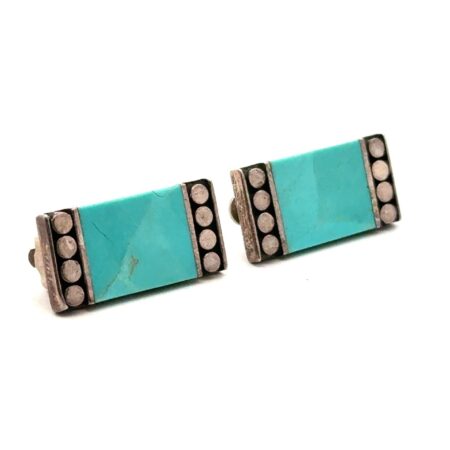 Vintage Southwest Style Sterling Silver & Turquoise Inlay Clip-On Earrings, 8.1g