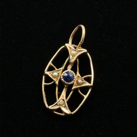 10k Yellow Gold Vintage Art Nouveau Blue Sapphire 4 Seed Pearl Charm Pendant .8g